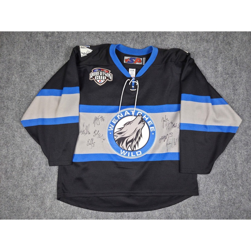 Wenatchee‎ Wild Hockey Jersey Mens Large Black SP Signed Robertson Cup NAHL